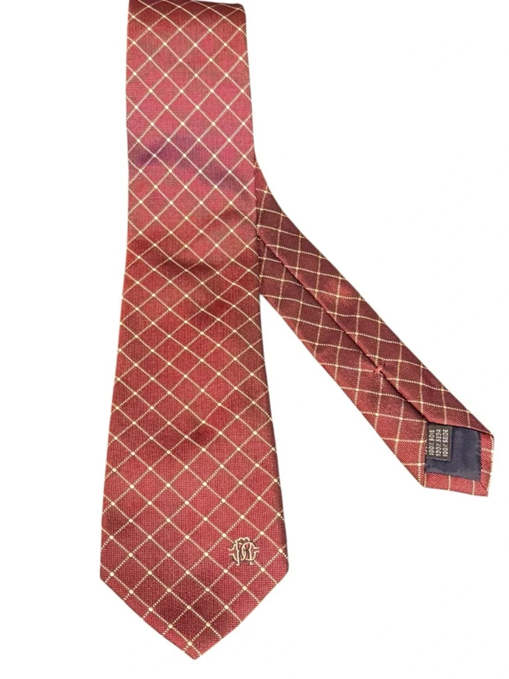 Roberto Cavalli 100% Silk Necktie Burgundy Gold Diamond Grid RC Monogram Italy
